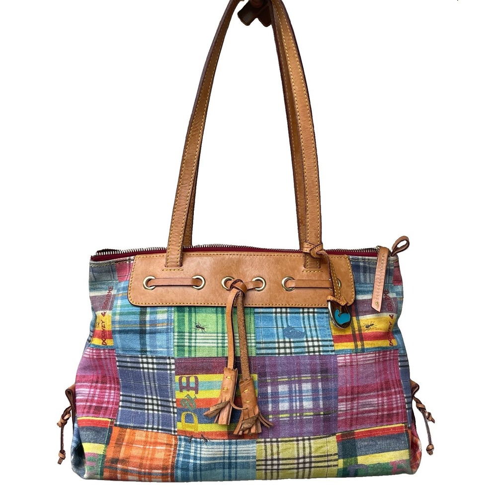 Vintage Dooney And Bourke Plaid Madras Picnic Ants Handbag With Leather Trim